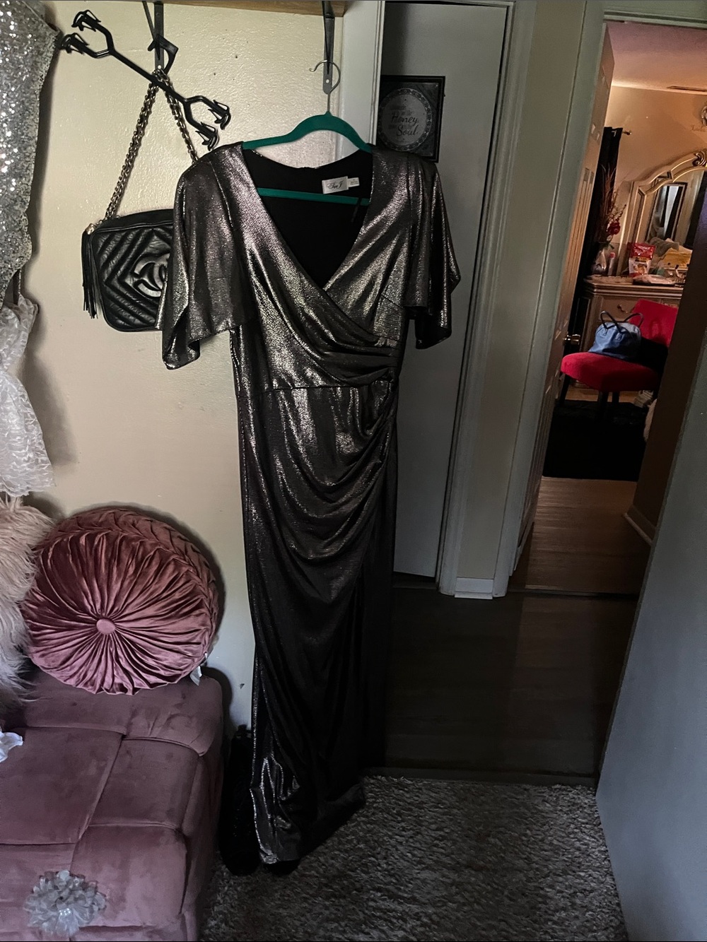 Eliza J Metallic Silver Mock-Wrap Evening Gown